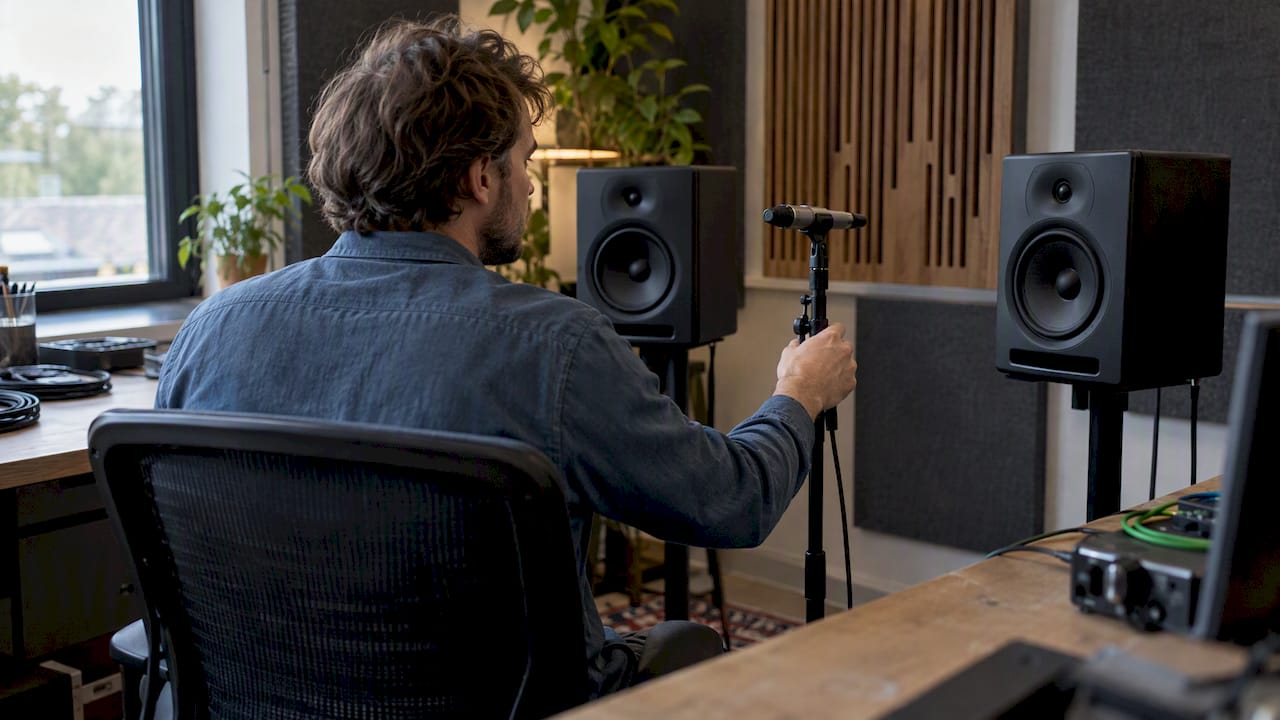 Calibrating Studio Monitors: The Complete Step-by-Step Guide 1 Measurement microphone positioned between two calibrated studio monitors