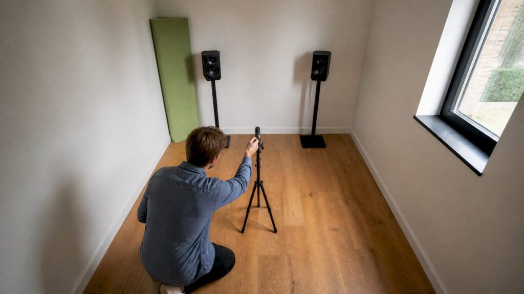 Home studio with a measurement microphone and monitor speakers