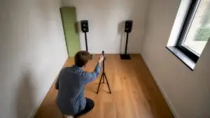 Home studio with a measurement microphone and monitor speakers
