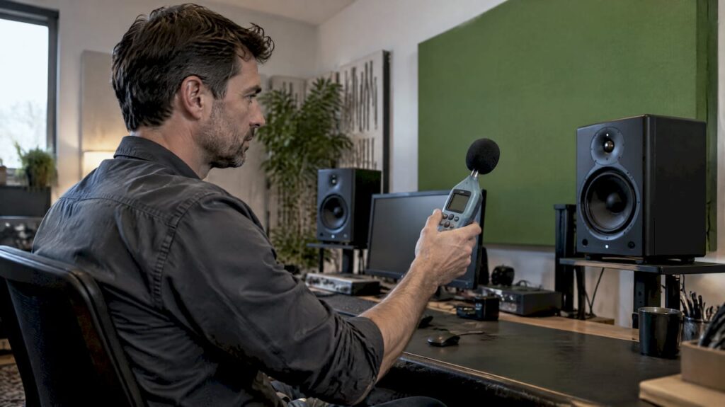 A technician measures the volume of the studio monitors using an SPL meter