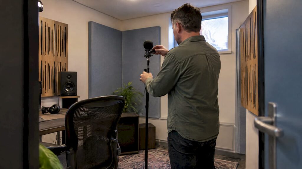 A specialist places a measurement microphone in the recording room