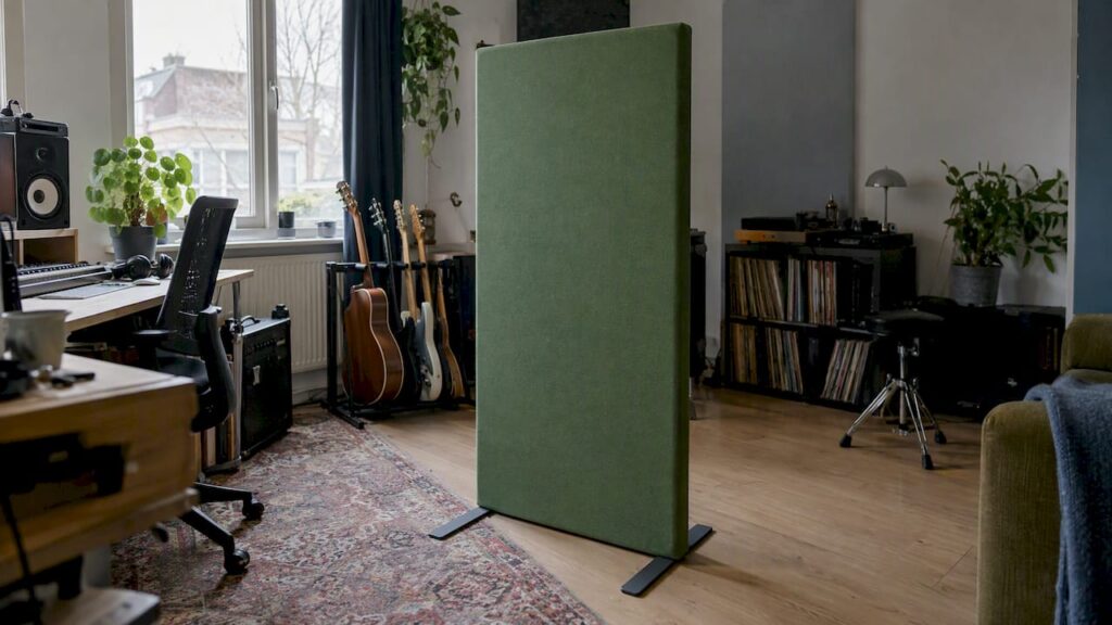 Freestanding green acoustic panel in a rental home