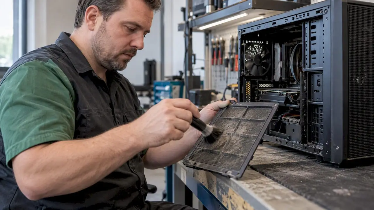 A technician cleans a PC filter on the workbench