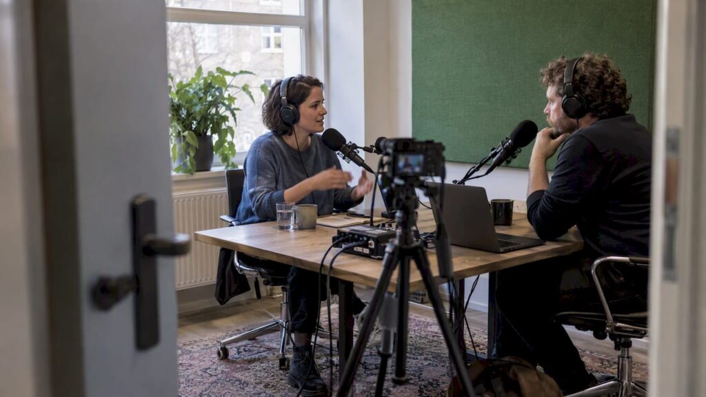 Two hosts are recording a video podcast