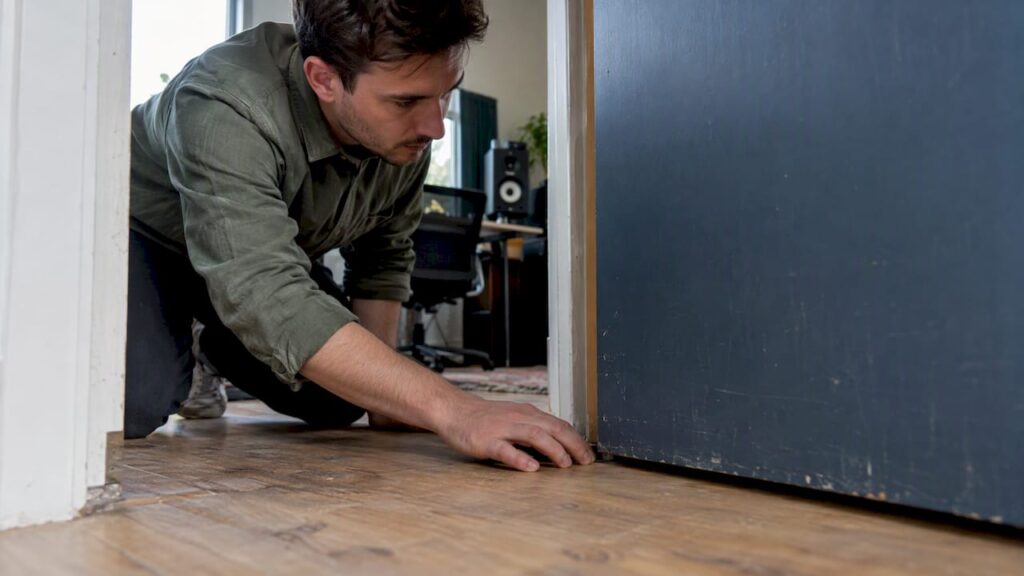 Studio owner peeks through the crack in the door