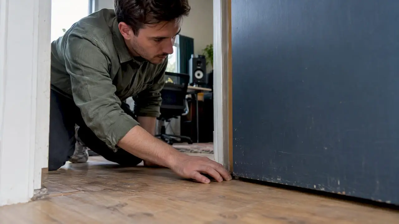Studio owner peeks through the crack in the door