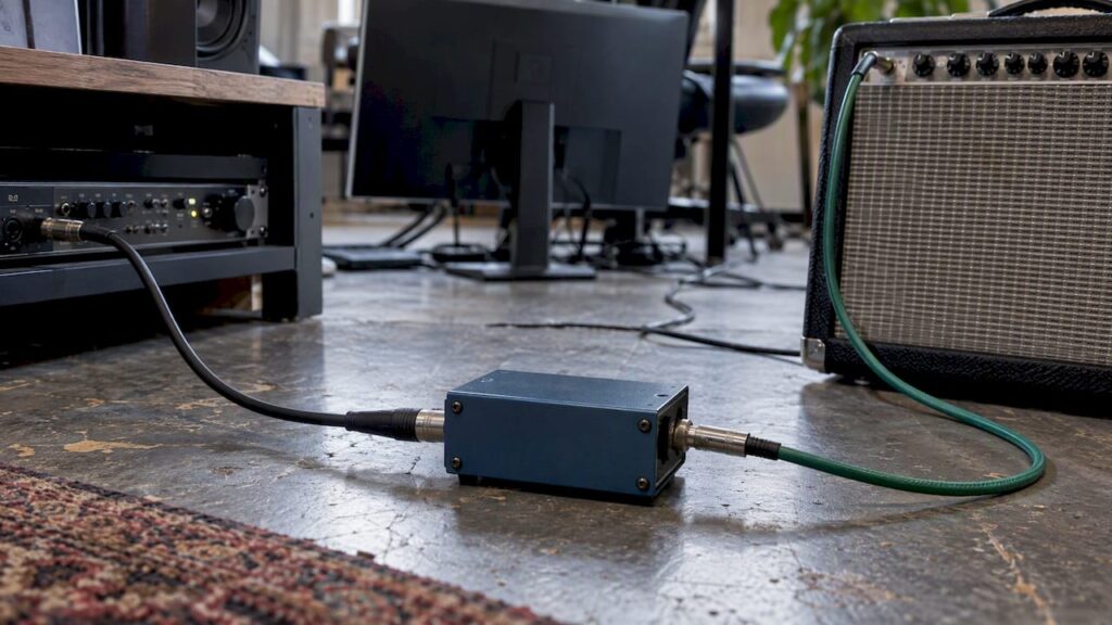 Reamp box for connecting an interface to a guitar amplifier
