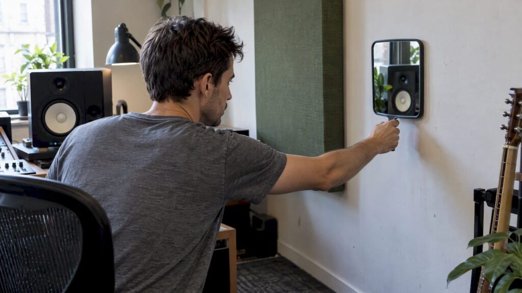 Studio owner is looking for a mirror to look at himself in