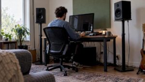 Studio monitors on freestanding floor stands
