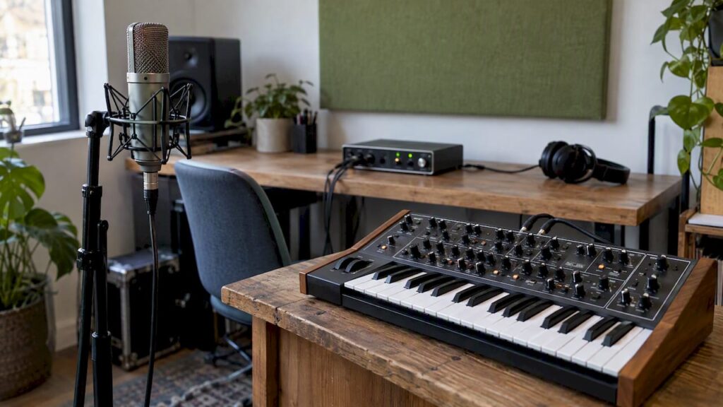 Microphone and synthesizer connected to an audio interface