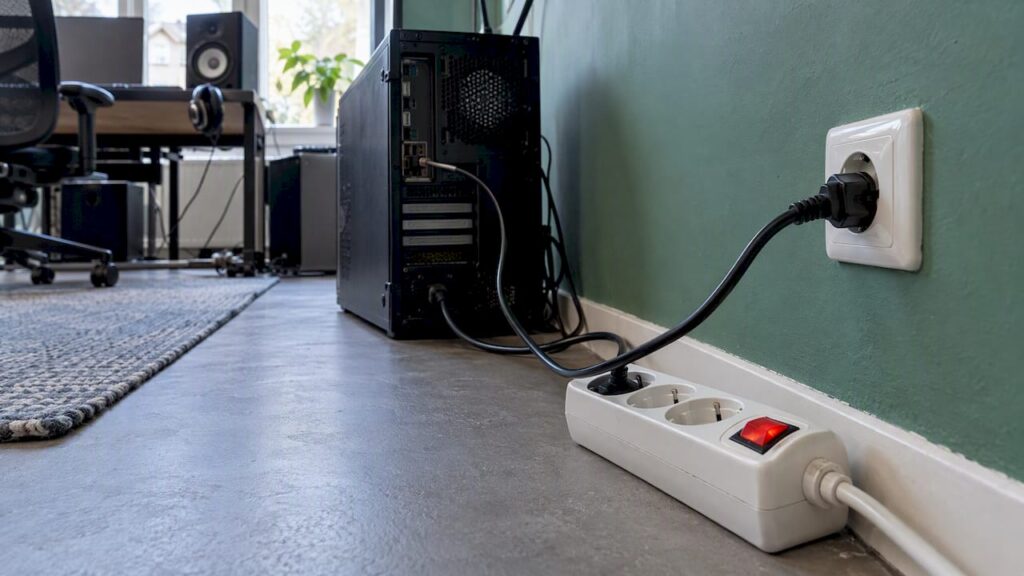 Computer connected to a power strip with a switch